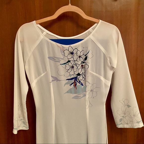 White & Blue Vietnamese Ao Dai Dress + Pants - Picture 2 of 7